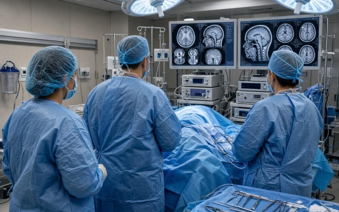 Equipe médica em sala de cirurgia.